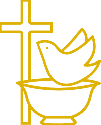 Taufe: Taubchen auf Taufbecken und Kreuz